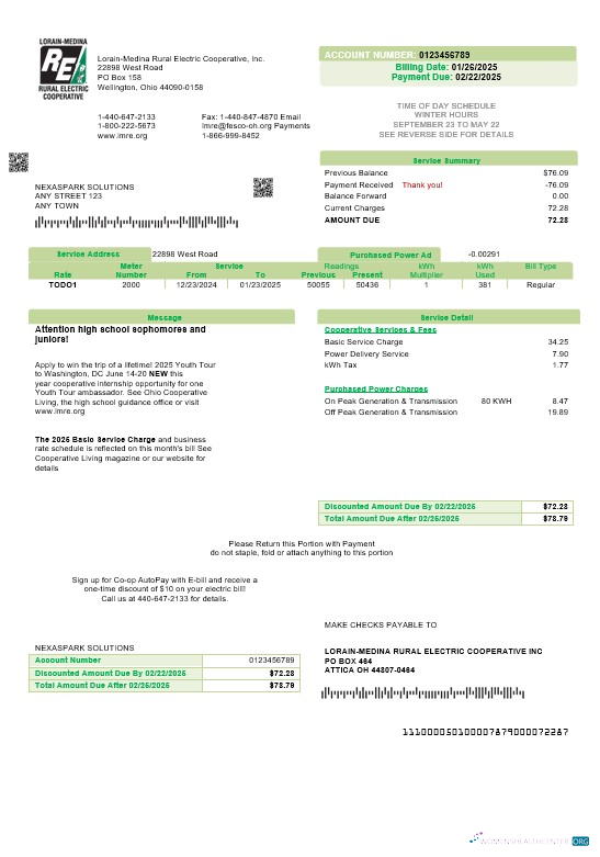 USA Ohio Lorain Medina Rural Electric business utility bill template in Word and PDF formats
